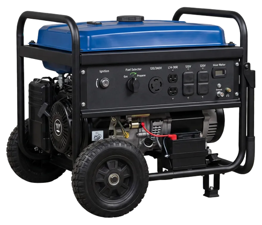Westinghouse WGen7500DF dual-fuel generator with L14-30R outlet and remote key fob